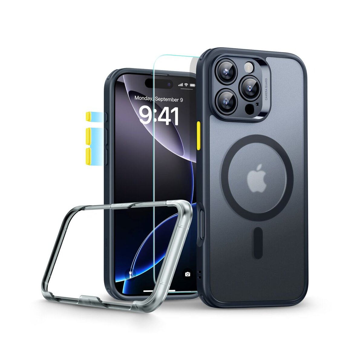 Ein iPhone mit Displayschutz und Hülle. Das Telefon ist eingeschaltet und zeigt die Uhrzeit. Die Hülle ist schwarz und hat ein Apple-Logo.