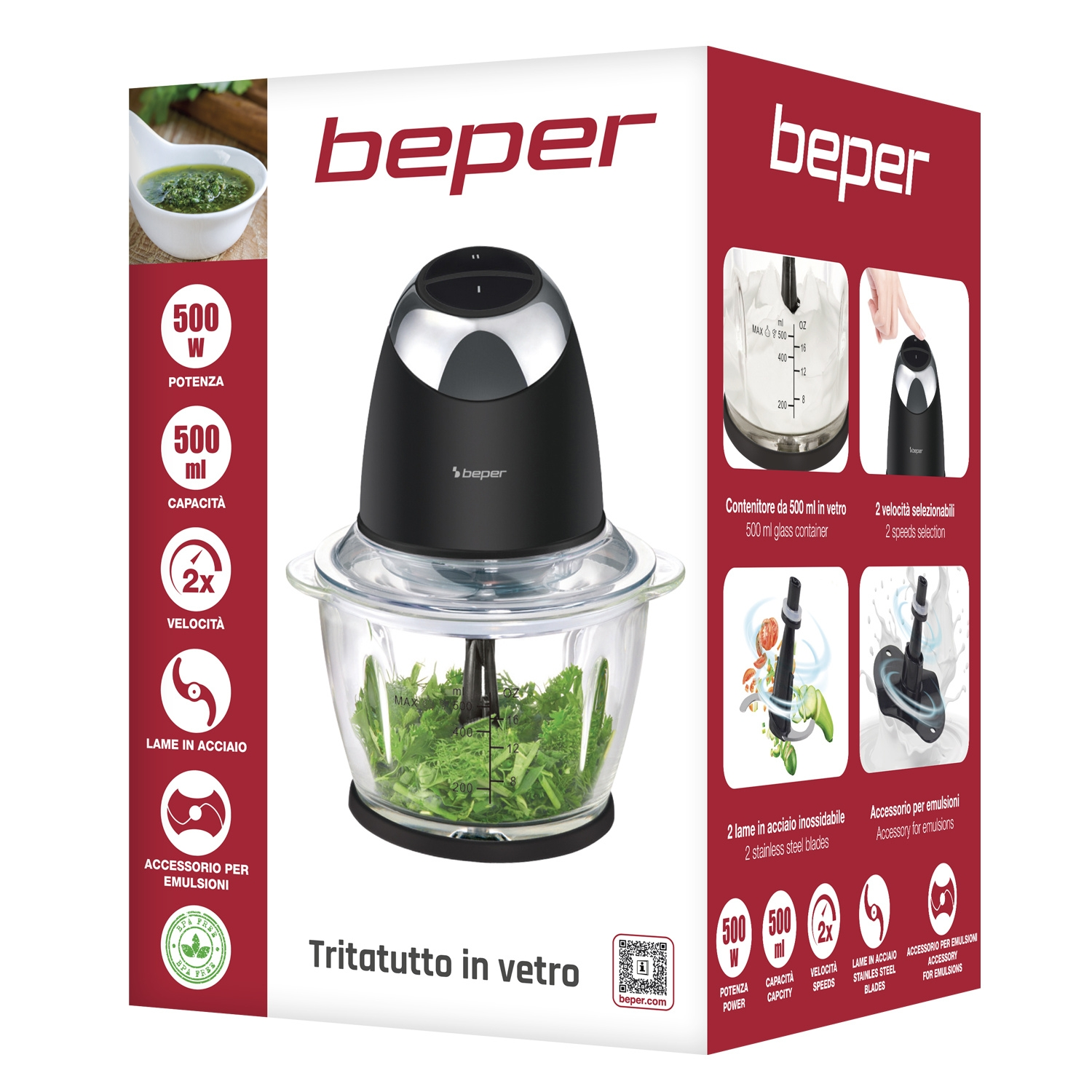 Una scatola per robot da cucina con un tritatutto nero e in vetro, una ciotola di erbe aromatiche e dettagli del prodotto.