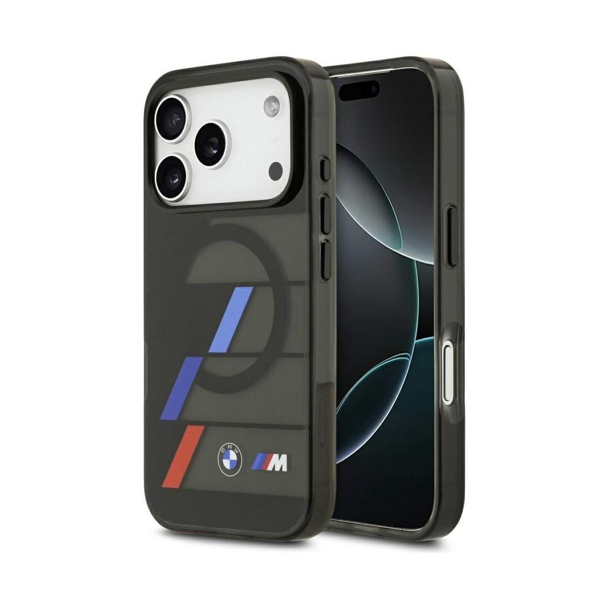 Smartphone in schwarzer Hülle mit BMW-Logo. Die Hülle hat blaue, rote und weiße Streifen.