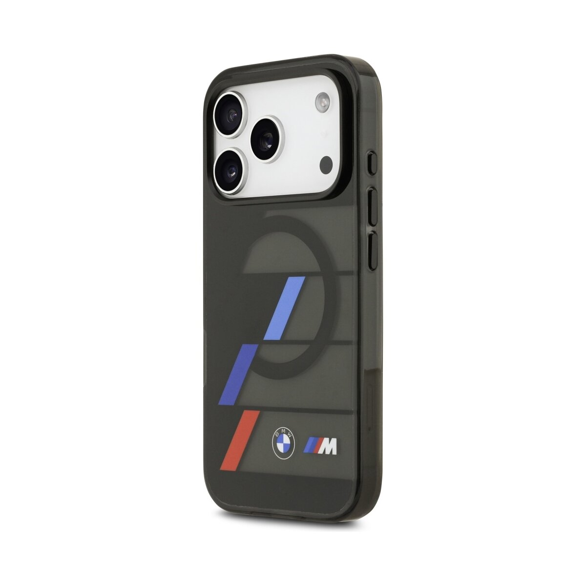 Schwarze iPhone-Hülle mit BMW-Logo. Mit roten, blauen und weißen Streifen. Die Hülle hat eine transparente Rückseite.