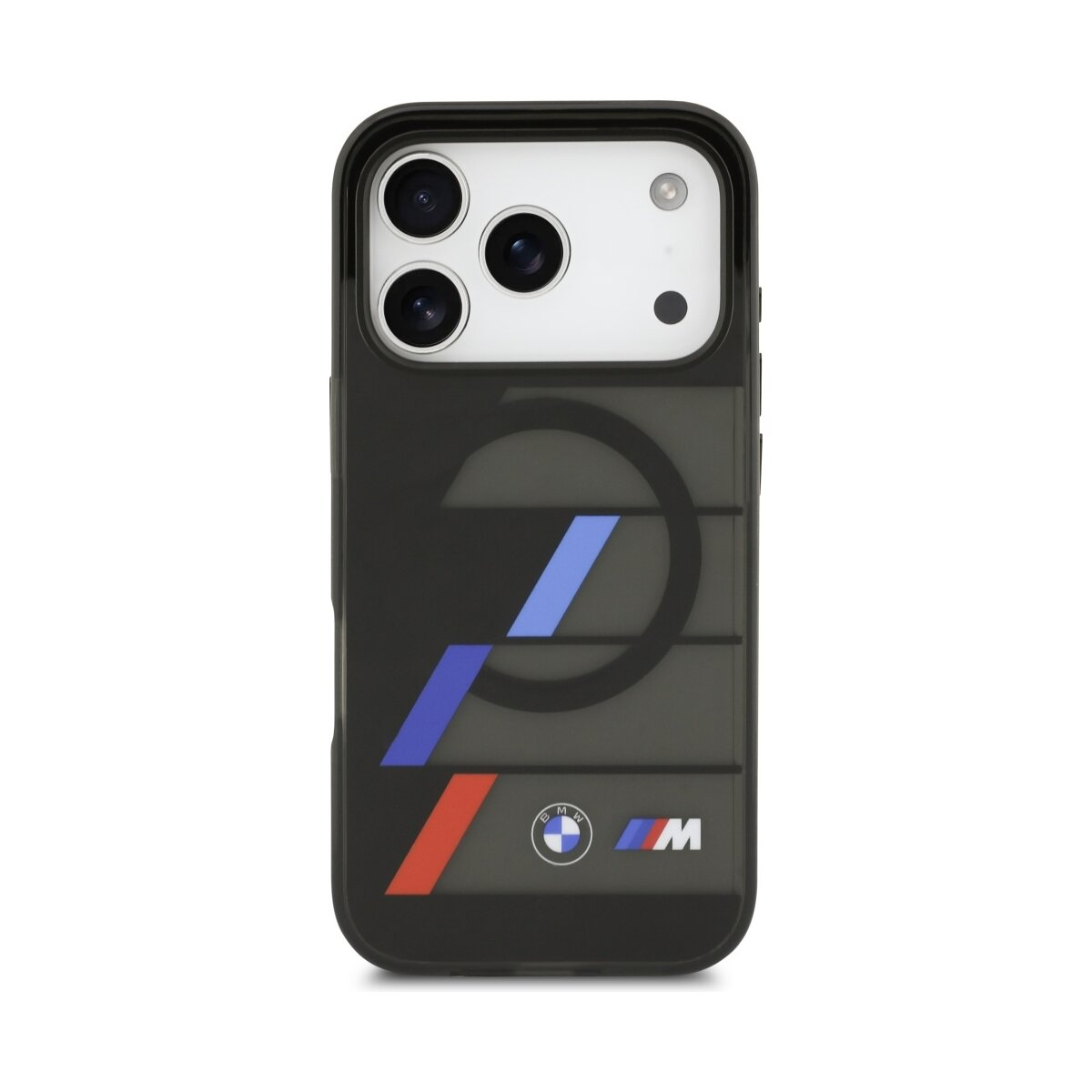 Eine schwarze Handyhülle mit BMW M Logo. Sie hat einen Kameraausschnitt und Streifen in Blau, Rot und Weiß.