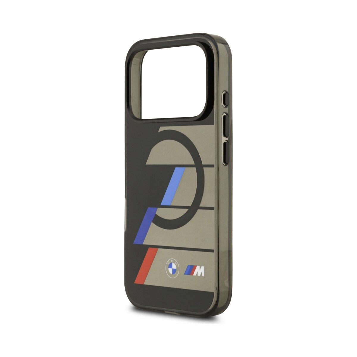 Eine Handyhülle mit Design. Sie zeigt das BMW-Logo und einen Rennstreifen in Blau, Rot und Weiß auf schwarzem Hintergrund.