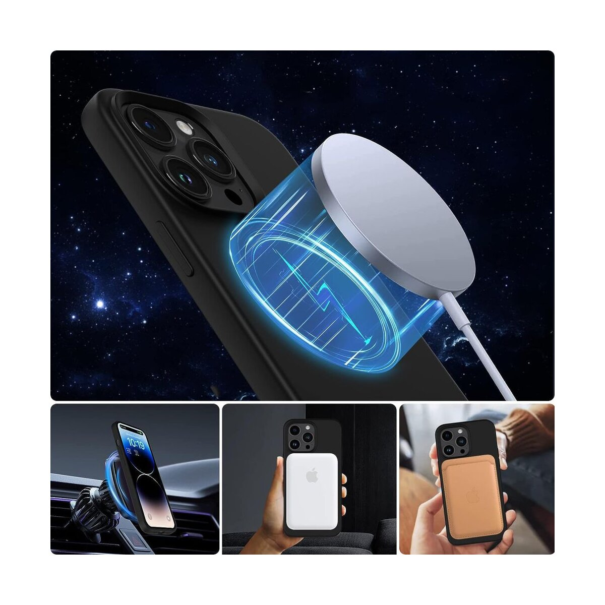 Ein Telefon wird mit einem kabellosen Ladegerät geladen. Der Hintergrund zeigt einen Sternenhimmel. Zusätzliche Bilder zeigen Telefonzubehör.