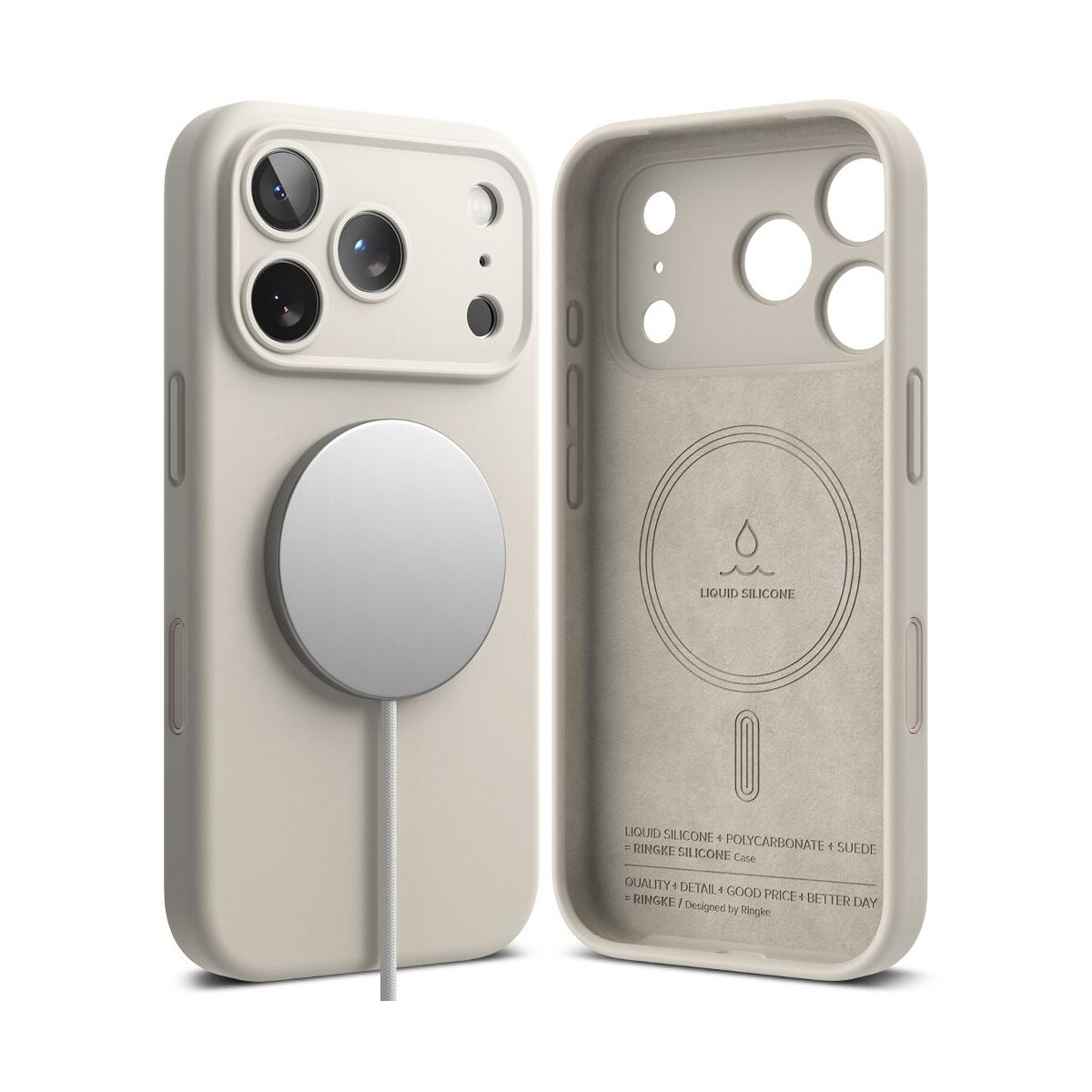 Zwei beige Telefonhüllen, eine mit Telefon und Ladegerät. Die andere ist geöffnet und zeigt das Innere mit dem Wort LIQUID SILICONE.