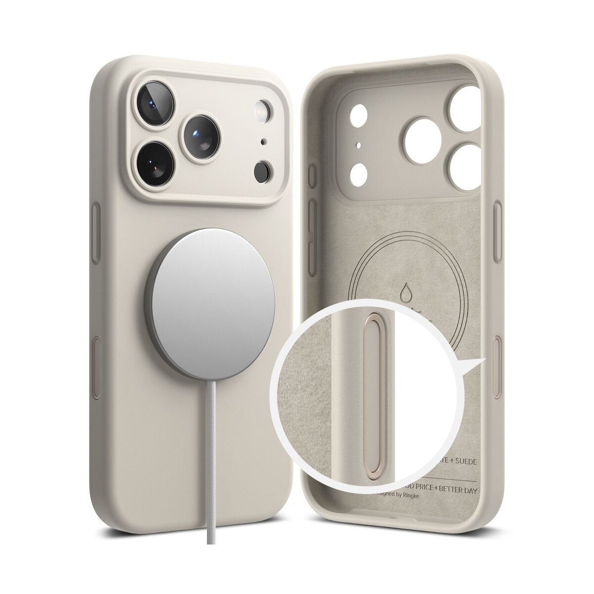 Beige Handyhülle mit MagSafe-Ladegerät. Das Innere der Hülle zeigt eine weiche Wildlederstruktur.