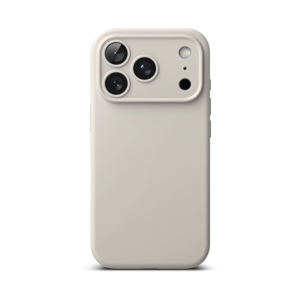 Ein beigefarbenes Smartphone mit Schutzhülle. Die Rückseite hat ein Kameramodul mit drei Linsen und einem Blitz. Der Hintergrund ist weiß.