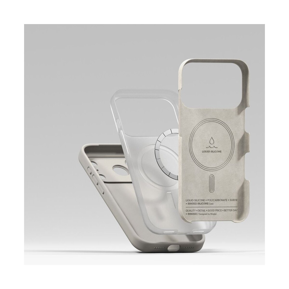 Dreiteilige Handyhülle in Beige und durchsichtigem Kunststoff. Die Hülle ist mit "Liquid Silicone" und "Ringke" beschriftet.