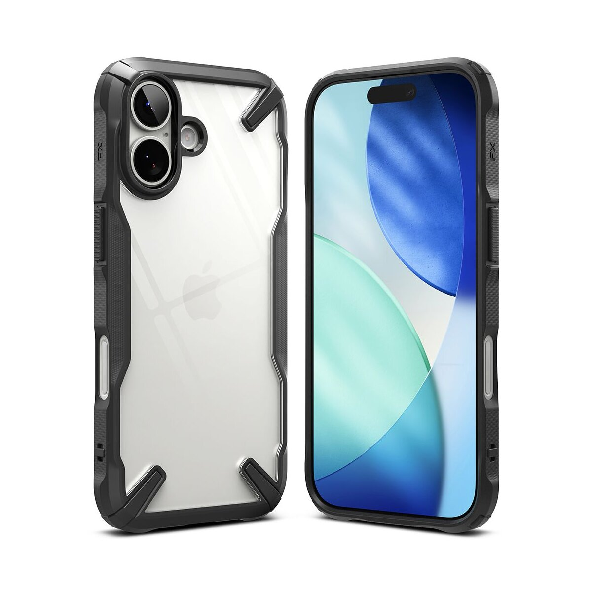 Zwei schwarze und transparente Handyhüllen mit einem iPhone, auf weißem Hintergrund. Eine Hülle hat das Telefon.