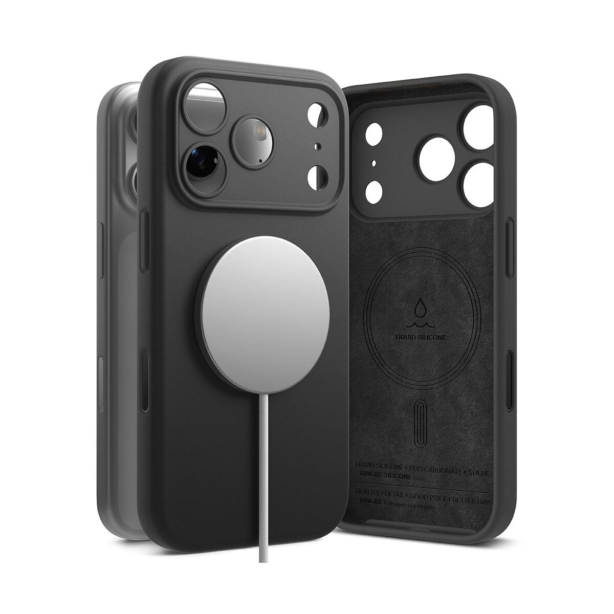 Drei schwarze Telefonhüllen, eine offen, mit der Innenseite. Die Hüllen haben Öffnungen für Kamera und Knöpfe. Ein weißer Kreis ist auf einer.