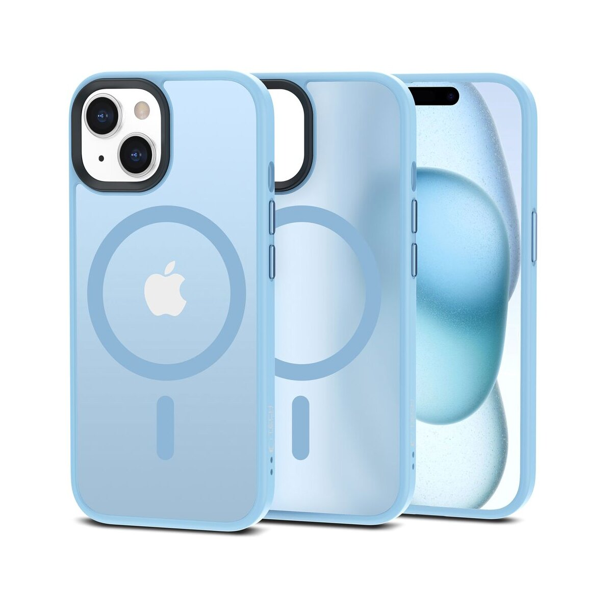 Drei hellblaue Handyhüllen werden gezeigt. Die Hüllen haben einen Magnetkreis und ein Apple-Logo. Der Hintergrund ist weiß.