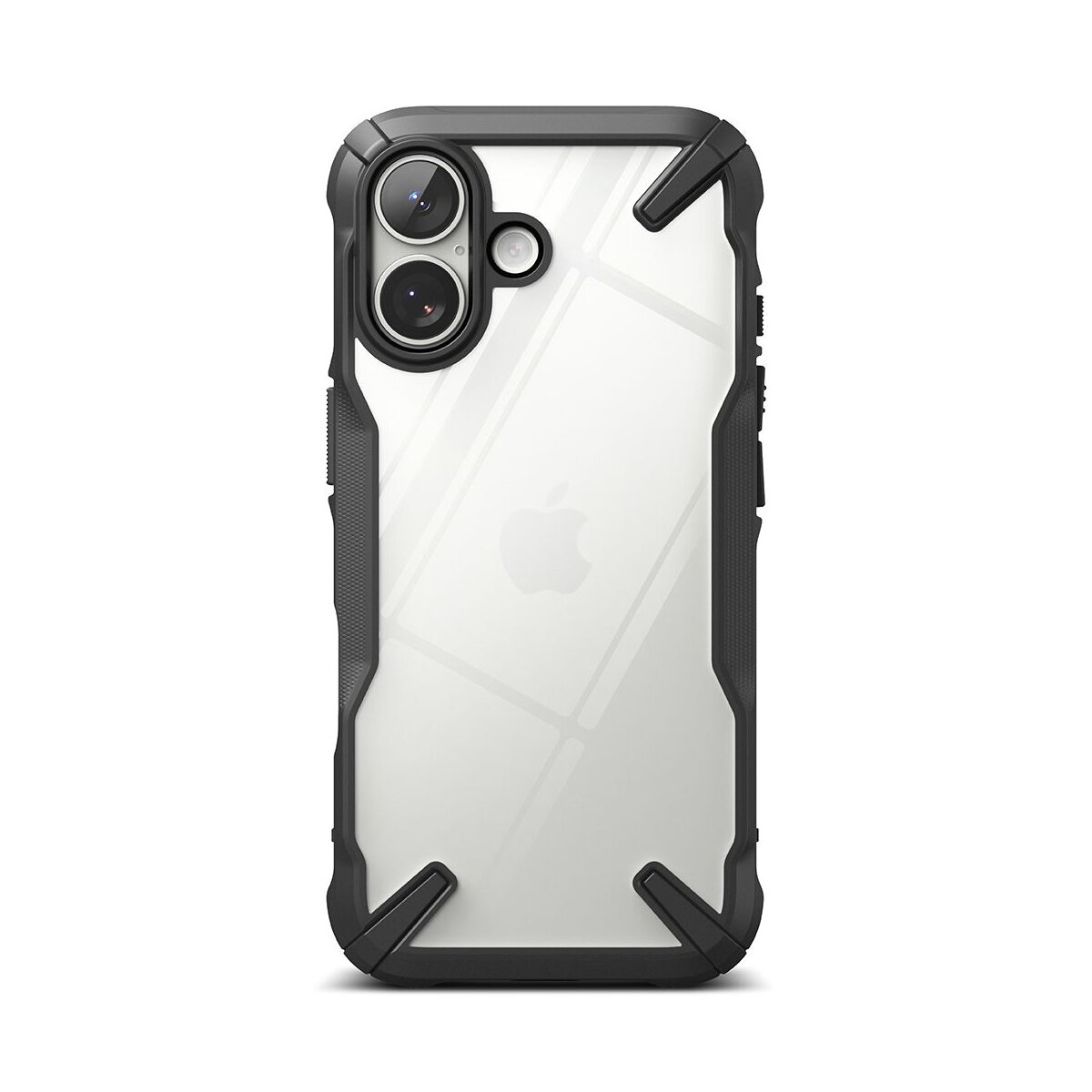 Eine Handyhülle, schwarzer Rahmen mit durchsichtigem Rücken. Die Hülle hat einen Ausschnitt für eine Dual-Kamera, und das Apple-Logo ist sichtbar.
