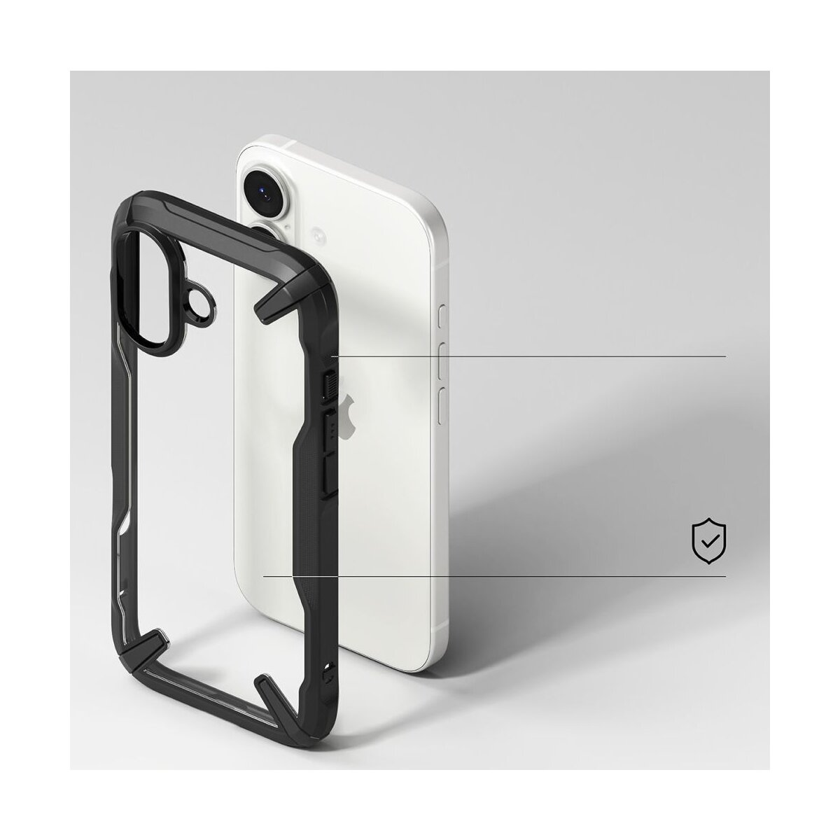 Ein weißes iPhone mit einer schwarzen Schutzhülle. Die Hülle ist separat, was die Rückseite des Telefons zeigt. Rechts ein Häkchen-Symbol.