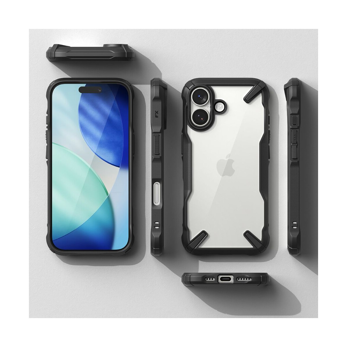 Mehrere Handyhüllen und ein Telefon werden angezeigt. Die Hüllen sind schwarz, der Bildschirm zeigt einen blauen und grünen Hintergrund.