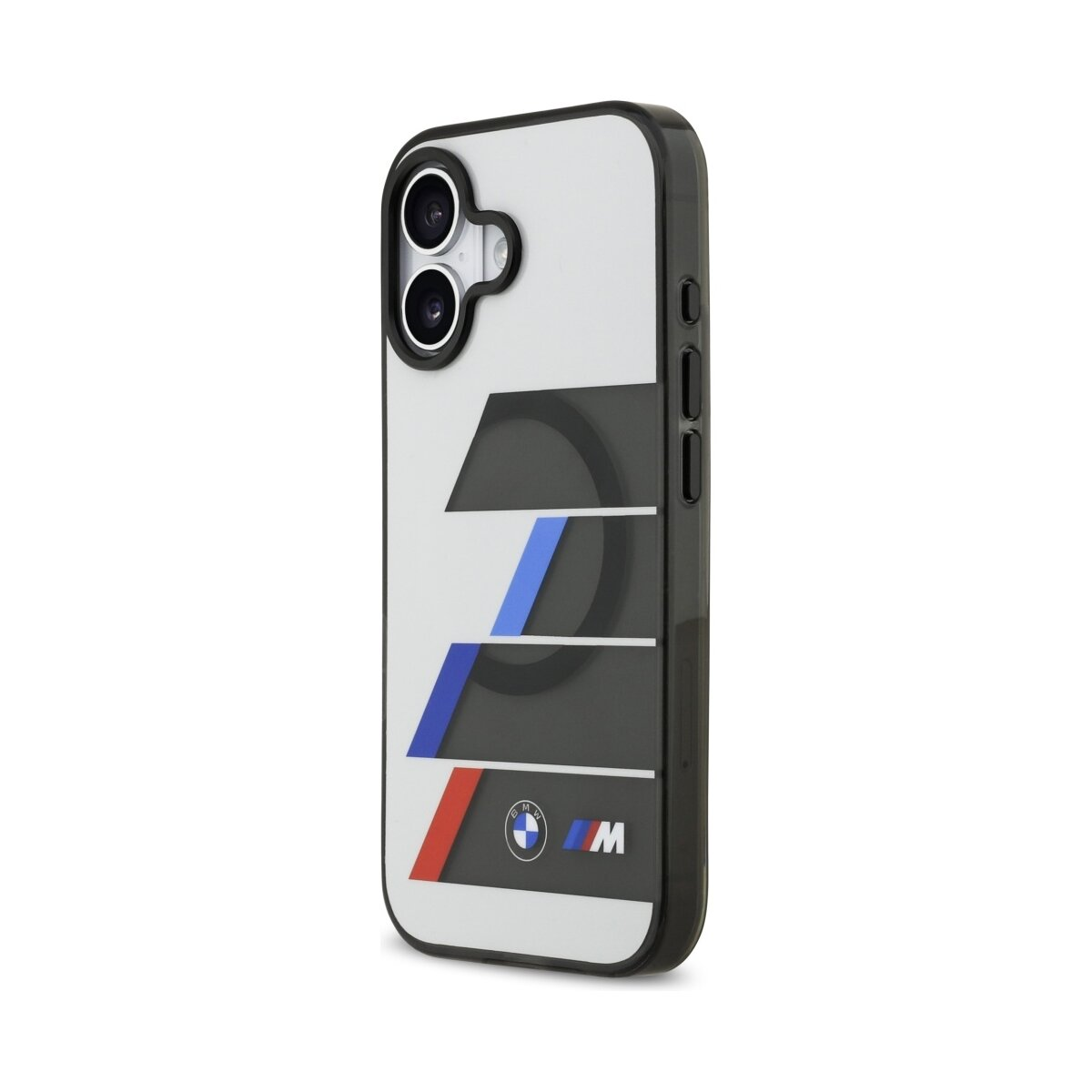 Una cover per telefono con design BMW M. Ha uno sfondo bianco con strisce nere, blu e rosse. Il logo BMW è in basso.