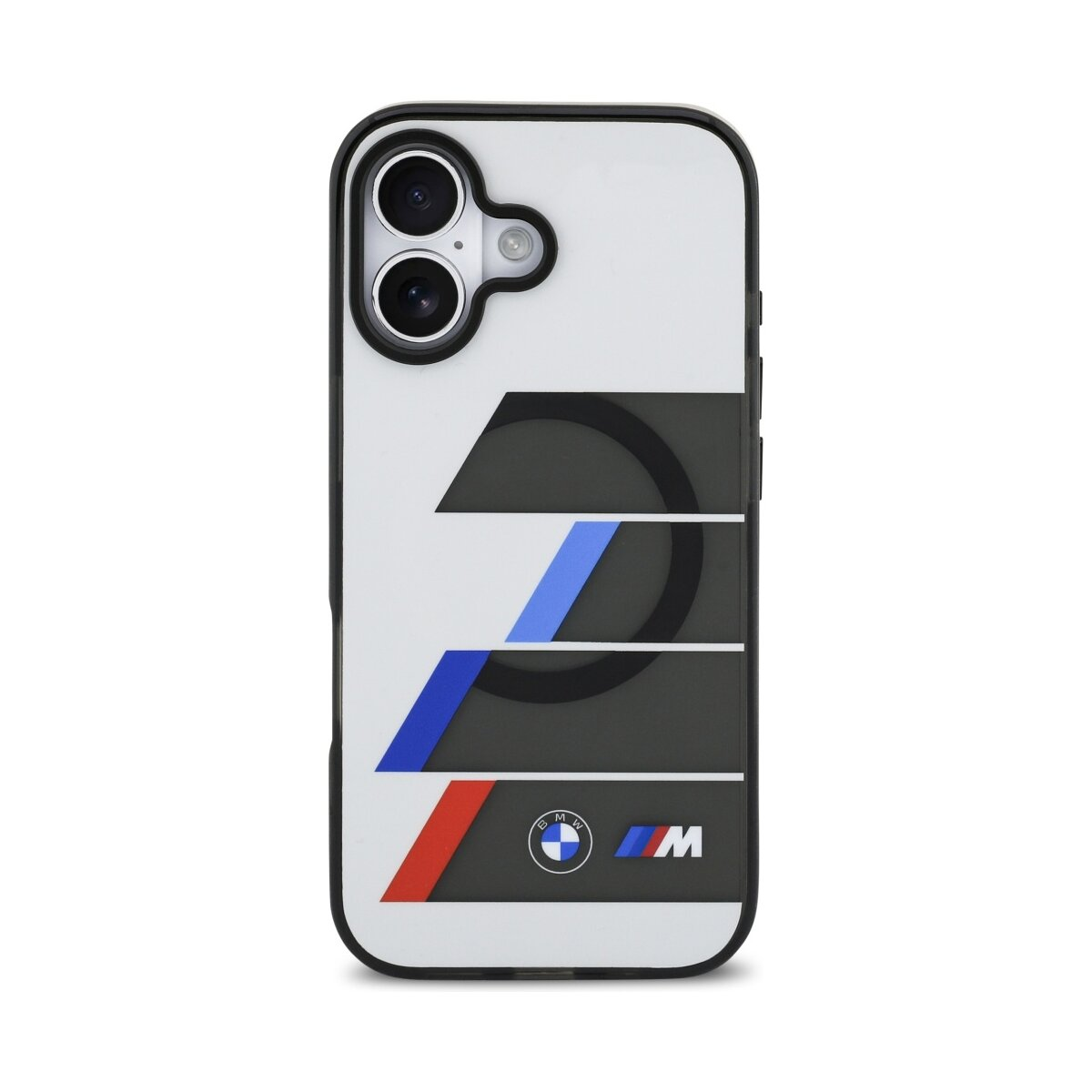 Una custodia per telefono con bordo nero. Ha uno sfondo bianco con strisce nere, blu e rosse e il logo BMW.
