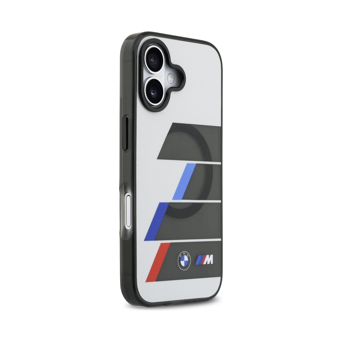Una custodia per telefono con cornice nera e retro bianco. Ha strisce BMW M blu, rosse e nere. Un logo BMW in basso.