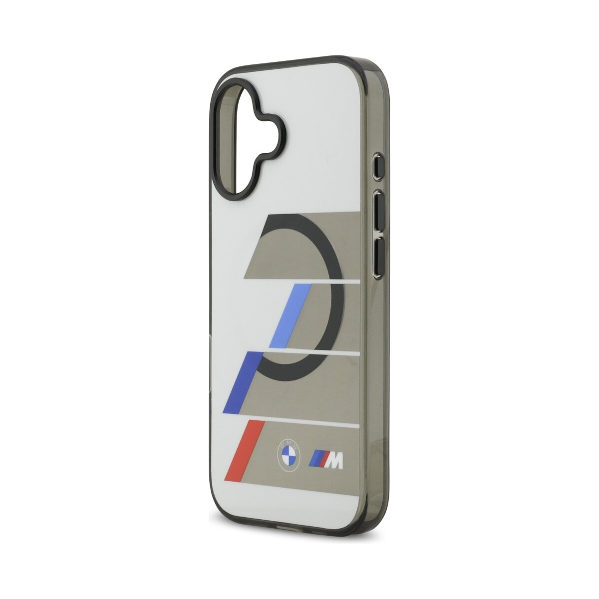 Una custodia per telefono con il logo BMW e i colori M. La custodia è trasparente con un bordo nero. Il design ha accenti grigi, blu e rossi.