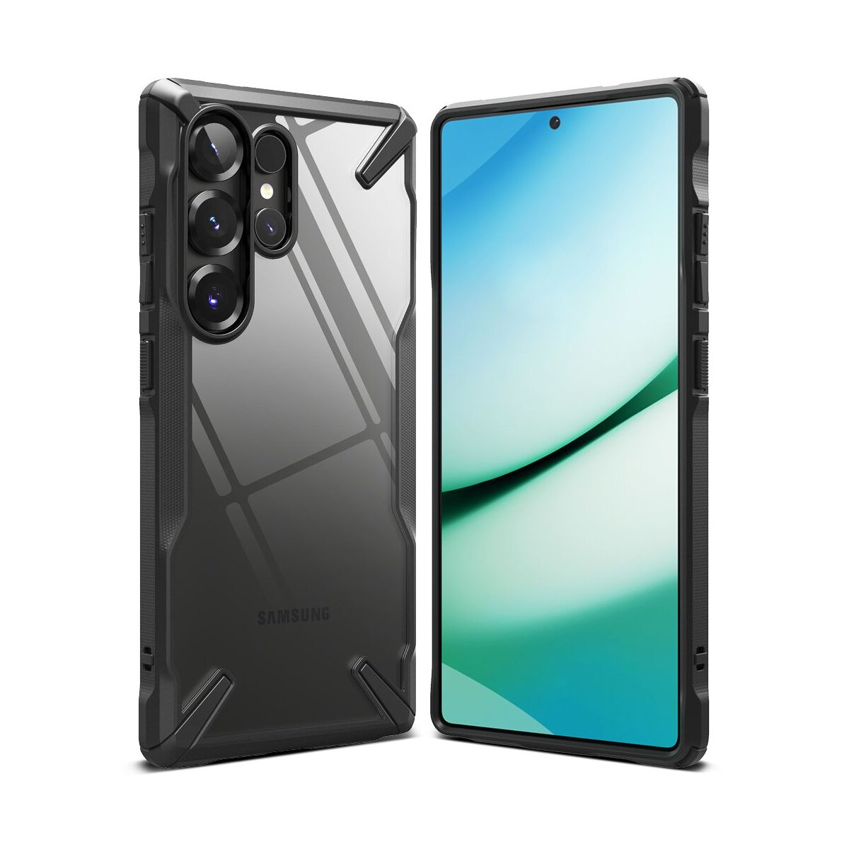 Due smartphone affiancati. Uno mostra un display verde, l'altro una custodia protettiva nera con lenti della fotocamera e il logo Samsung.