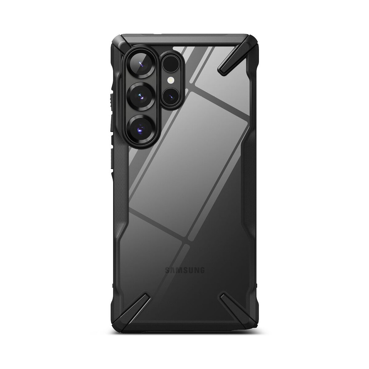 Una custodia per telefono con cornice nera e retro trasparente. La custodia ha un ritaglio per la fotocamera ed è visibile il logo Samsung.