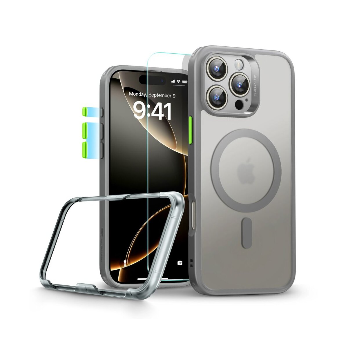 Ein iPhone mit Displayschutzfolie und einer durchsichtigen Hülle wird gezeigt. Der Bildschirm zeigt Uhrzeit und Datum. Die Hülle ist grau.