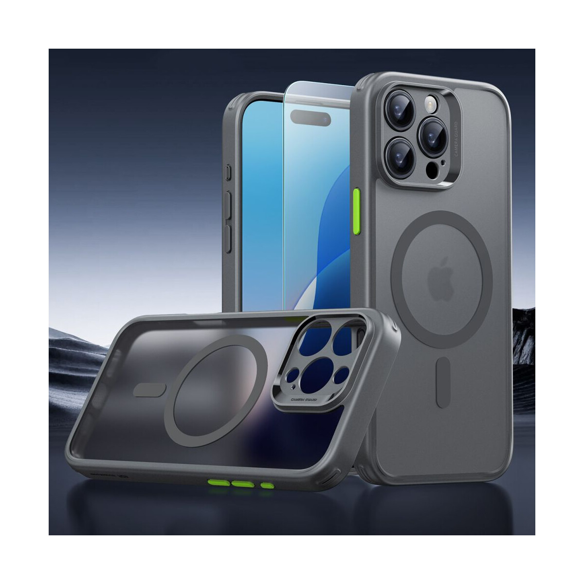 Graue Handyhüllen mit Displayschutzfolie. Eine Hülle ist offen und zeigt einen Telefonbildschirm, zwei sind geschlossen mit Apple-Logo.