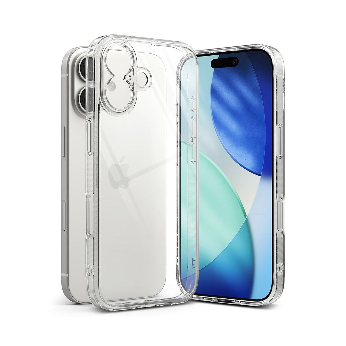Transparente Handyhülle und ein Handy. Das Handy hat einen Bildschirm mit blauen und grünen Farben. Die Hülle ist klar.