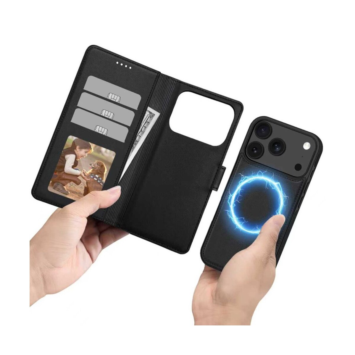 Eine Person hält eine Handyhülle und eine Brieftaschenhülle. Die Brieftaschenhülle hat Karten und ein Foto. Die Handyhülle hat einen leuchtenden Kreis.