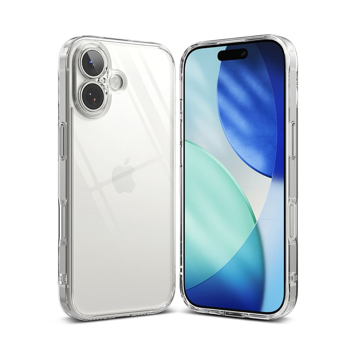 Zwei transparente Handyhüllen. Eine zeigt die Rückseite mit Apple-Logo und Kamera, die andere zeigt den Bildschirm mit blauem Design.