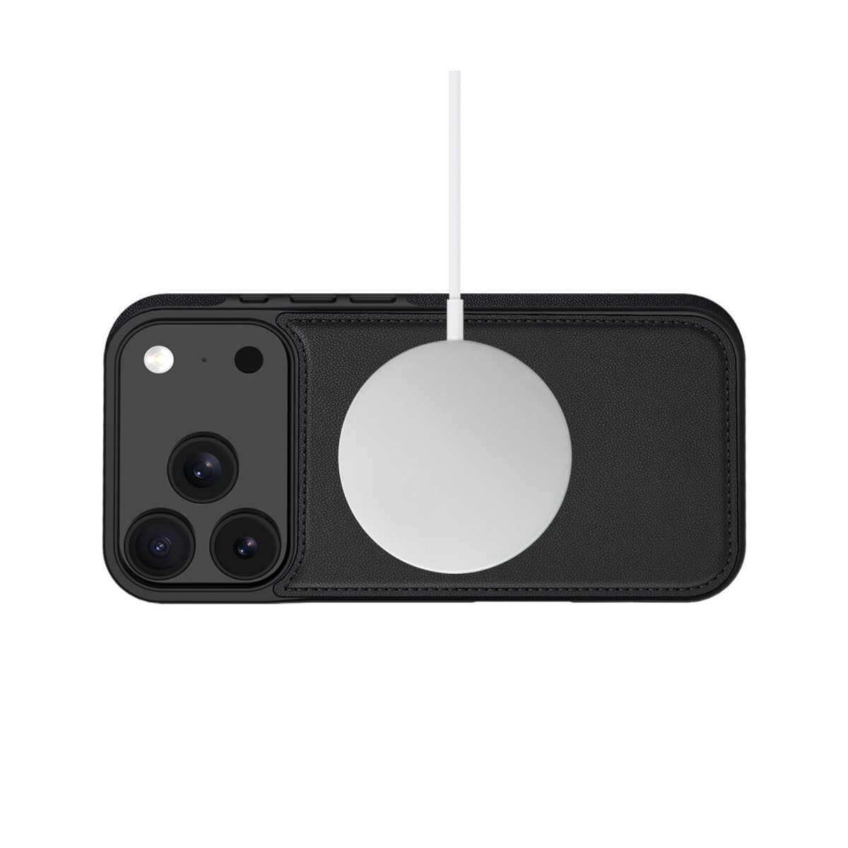 Schwarze Handyhülle mit Kamera und weißem kabellosem Ladegerät. Das Ladegerät ist mit einem weißen Kabel verbunden.