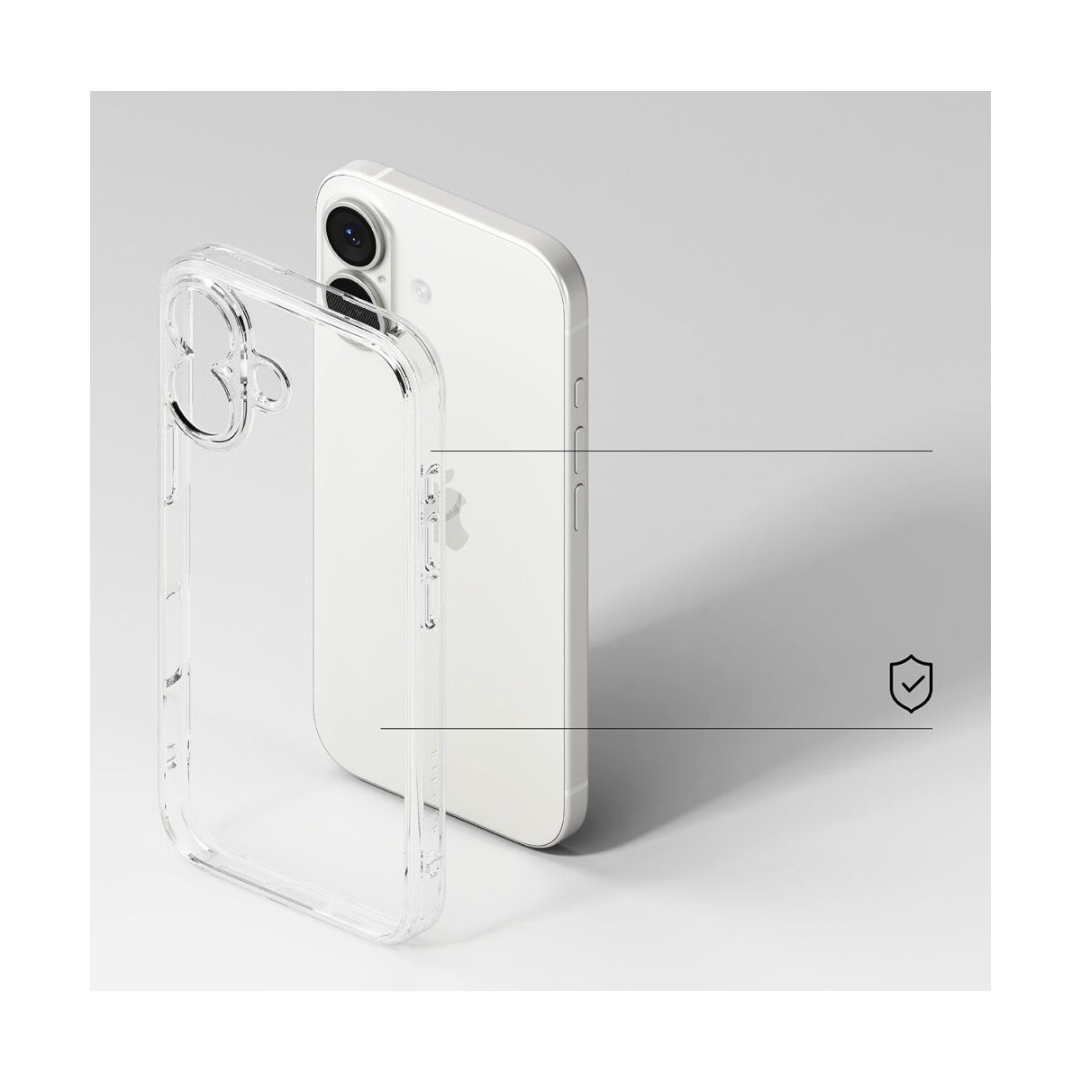 Ein weißes iPhone mit einer durchsichtigen Handyhülle liegt auf einer weißen Oberfläche. Die Hülle befindet sich vor dem Telefon.