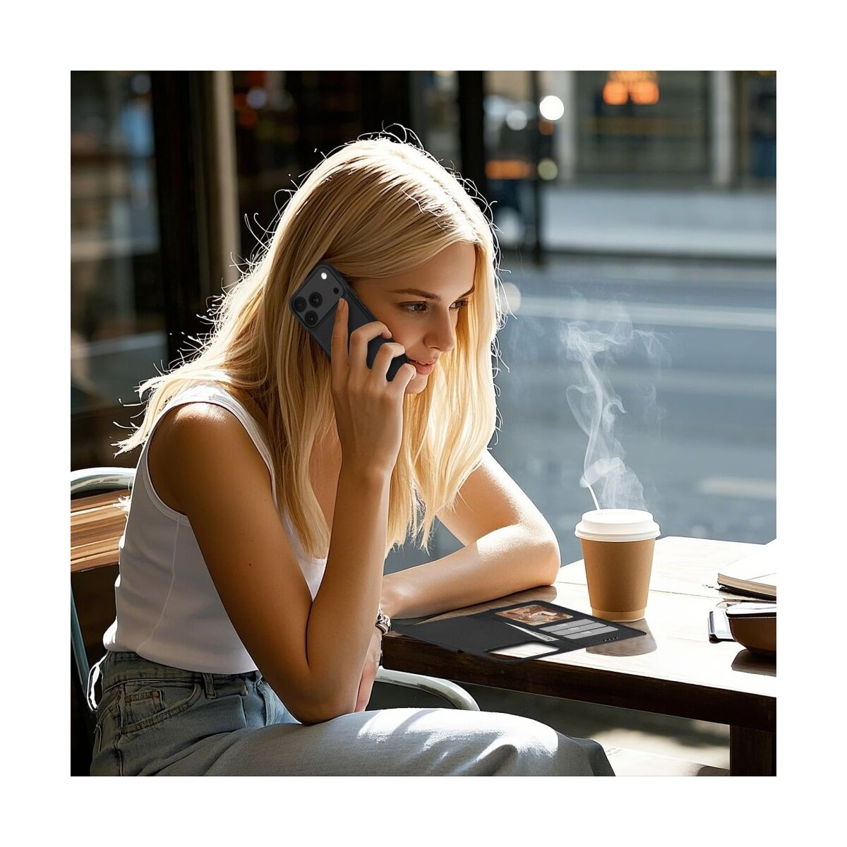 Blonde Frau telefoniert in einem Café. Sie trägt ein weißes Tanktop und Jeans. Kaffeetasse mit Dampf auf dem Tisch.