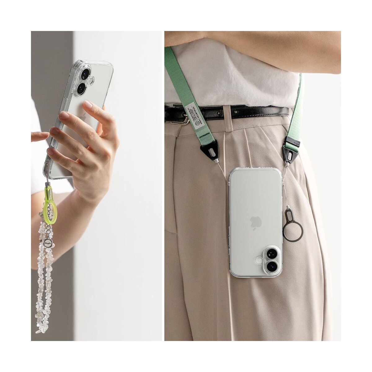 Zwei Bilder zeigen eine Person, die ein Telefon mit einem Lanyard hält. Telefon in einer transparenten Hülle. Grüner Gurt. Eine Hand hält das Telefon.