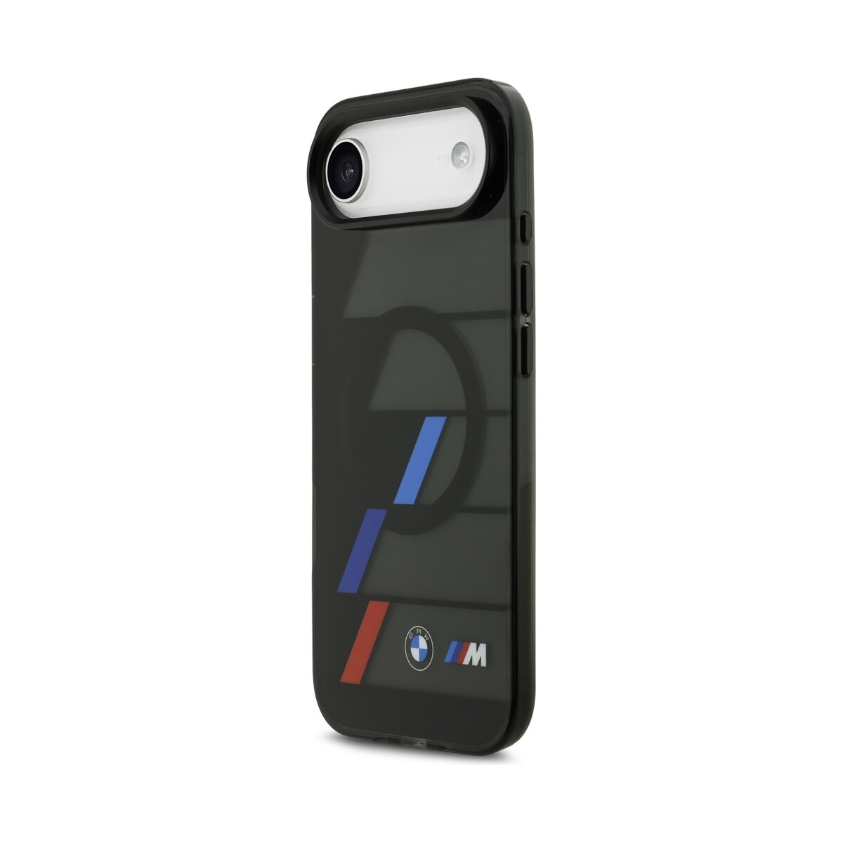 Custodia nera per iPhone con logo BMW. Presenta strisce blu, rosse e alloggiamento fotocamera bianco. La custodia è su sfondo bianco.