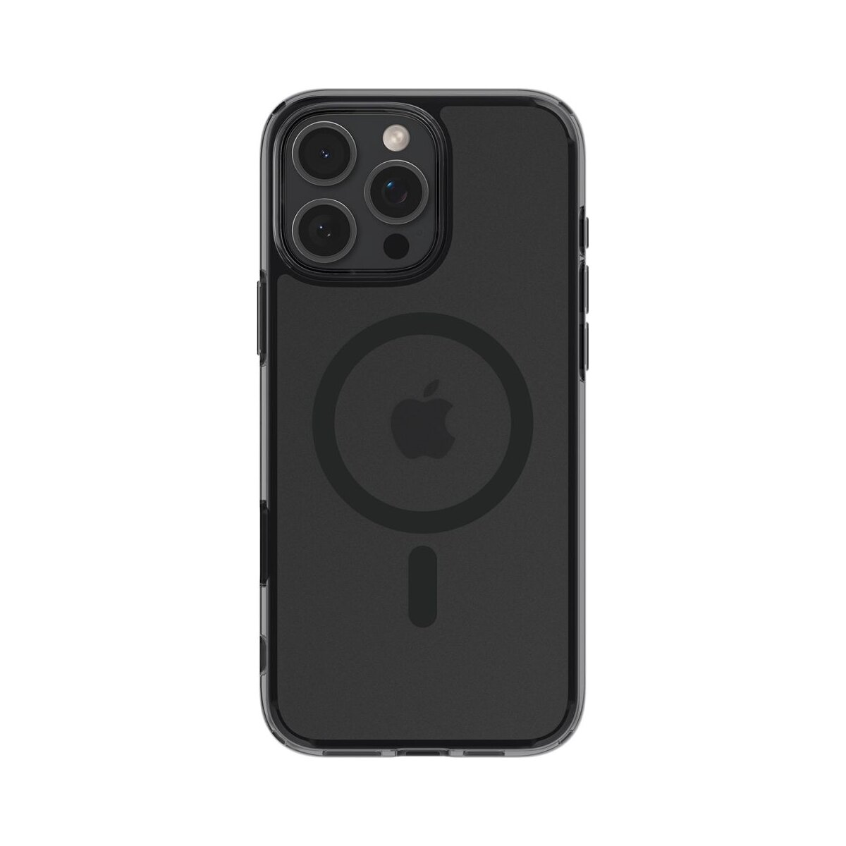 Eine schwarze iPhone-Hülle mit klarem Rahmen. Die Rückseite hat ein Apple-Logo und einen Magnetkreis. Kameras sind oben sichtbar.