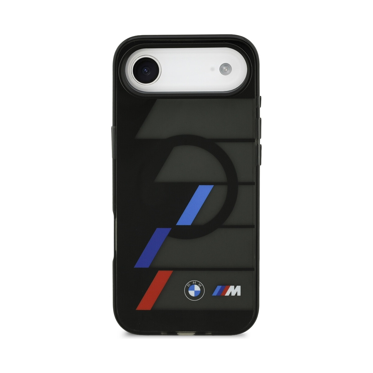 Custodia nera per telefono con logo BMW e strisce. La custodia ha un ritaglio per la fotocamera e pulsanti laterali. Il logo è blu, rosso e bianco.