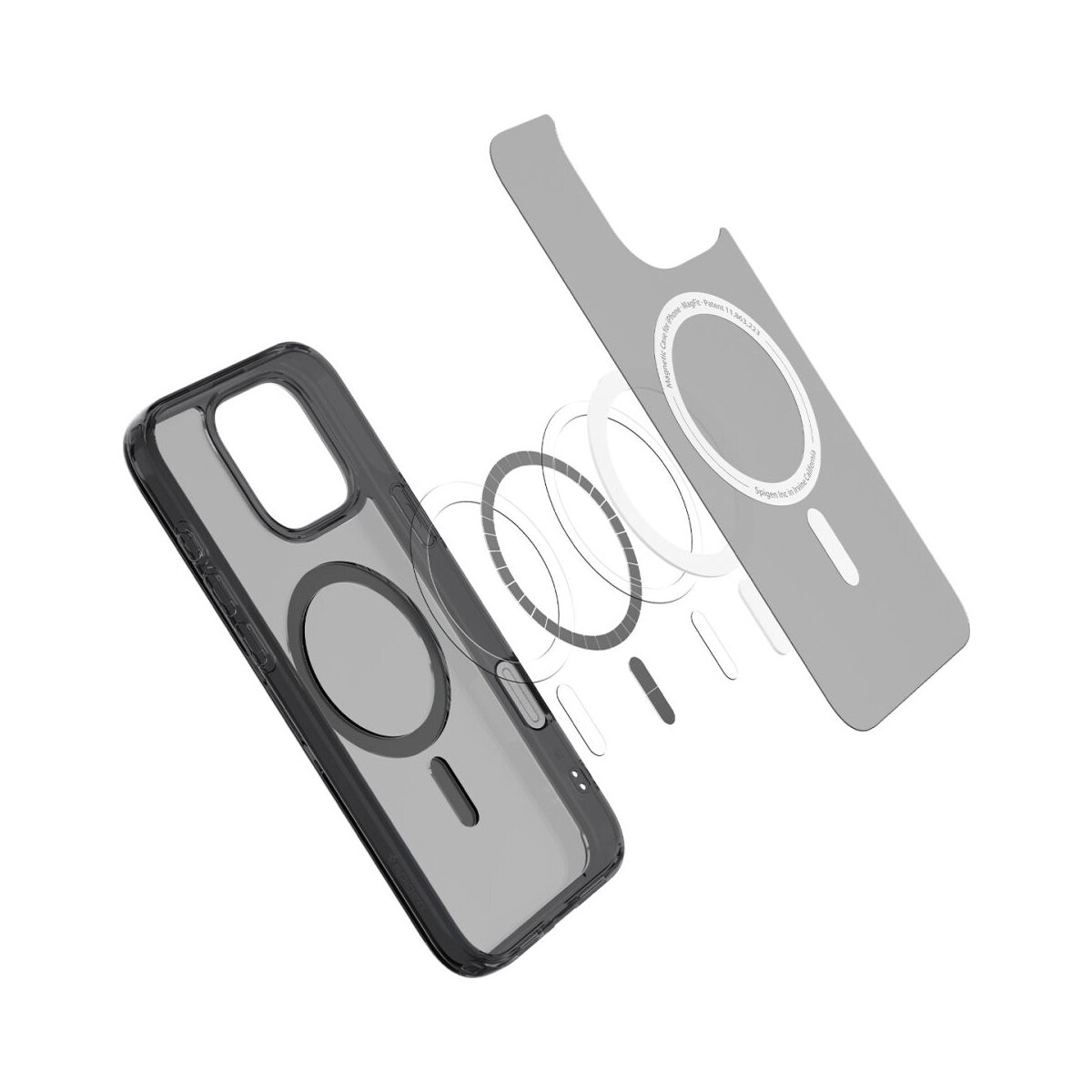 Ein Handycase und eine Magnetkomponente sind getrennt, was die Teile des Cases und die Magnetringe auf weißem Hintergrund zeigt.