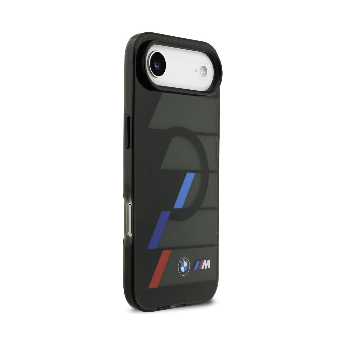 Una custodia nera per iPhone con il logo BMW e strisce blu, rosse e bianche. La custodia ha un ritaglio per la fotocamera.