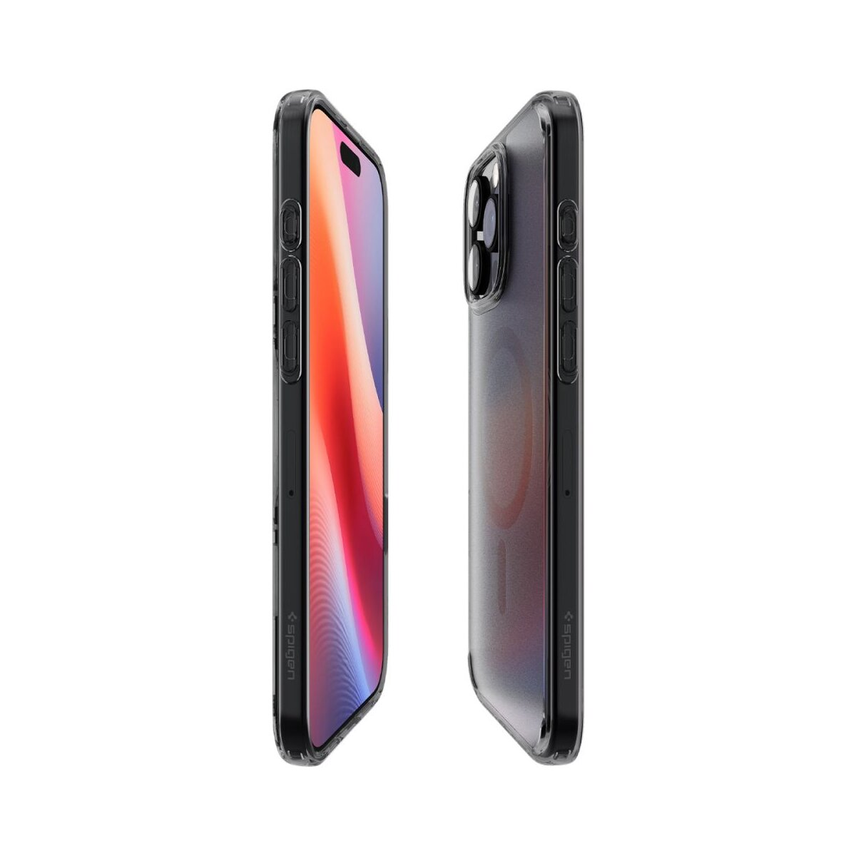 Zwei Smartphones in Schutzhüllen sind nebeneinander zu sehen und zeigen die Bildschirme und Seitentasten des Telefons. Der Hintergrund ist weiß.