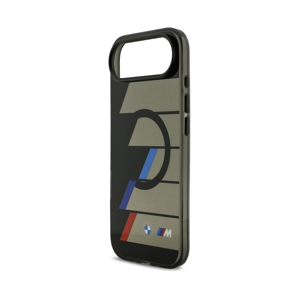 Una custodia per telefono con il logo BMW, con strisce nere, grigie, blu e rosse. Ha un bordo trasparente e uno sfondo bianco.