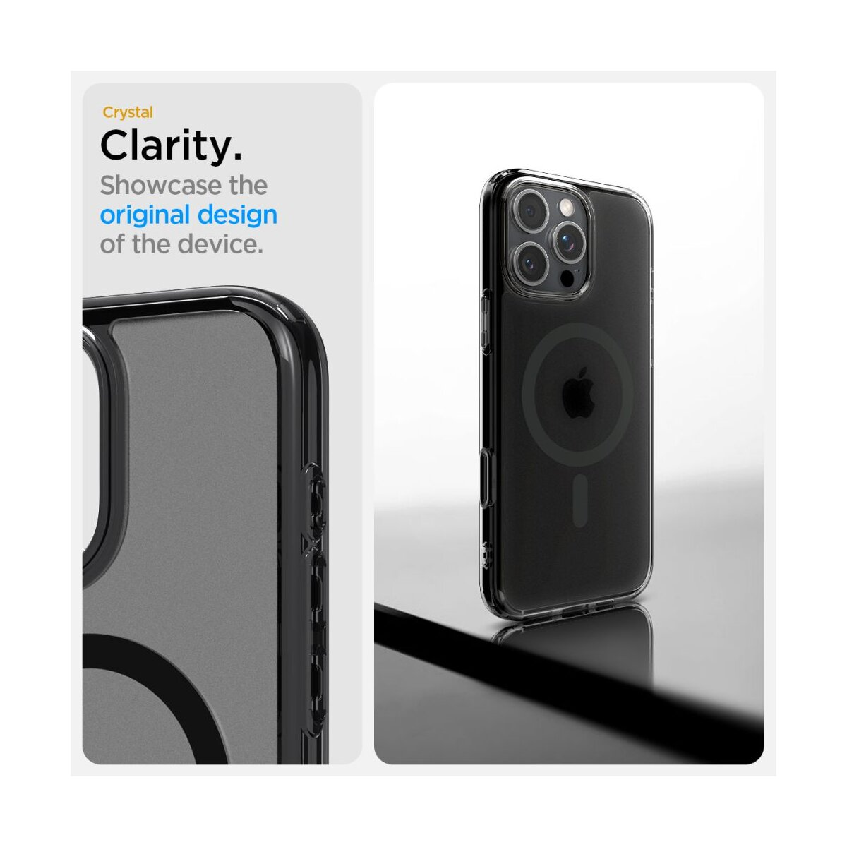 Eine transparente Handyhülle, die das Design des Telefons zeigt. Text: 'Klarheit. Präsentieren Sie das ursprüngliche Design des Geräts'.