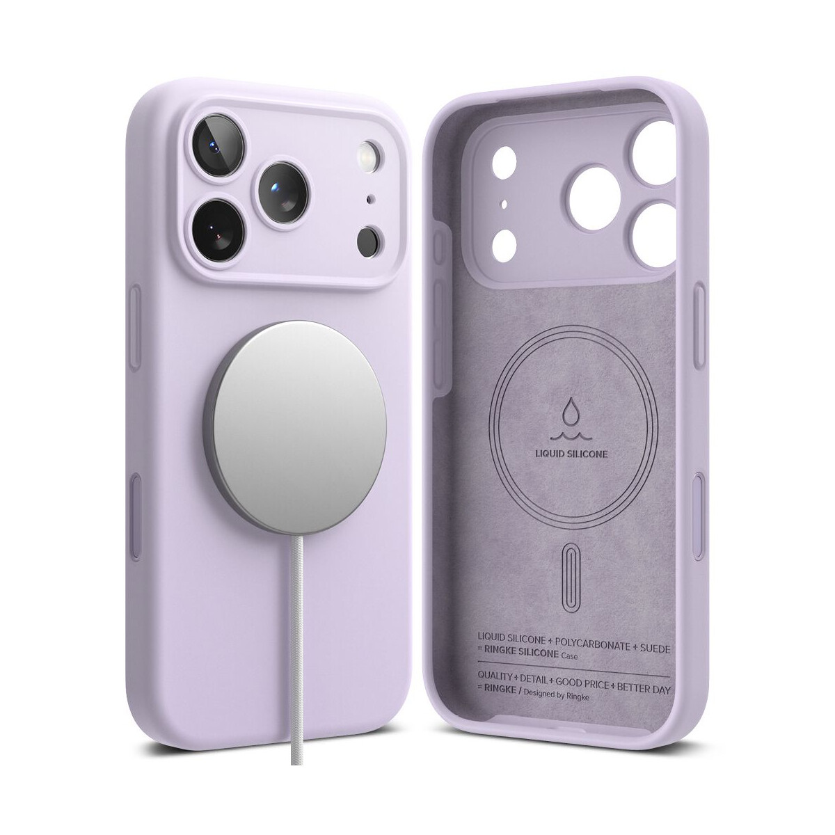 Eine lavendelfarbene iPhone-Hülle mit einem silbernen MagSafe-Ladegerät wird gezeigt. Die Hülle ist geöffnet und zeigt das Innere und die Kamera des Telefons.