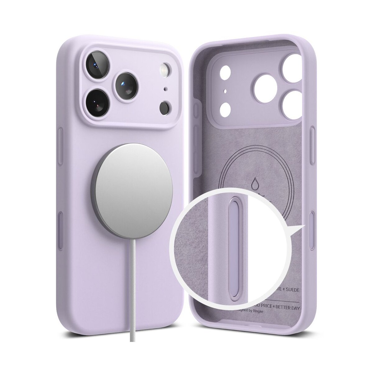 Eine lila iPhone-Hülle mit silberner Ladescheibe. Die Hülle ist geöffnet, um das Innere zu zeigen. Eine Nahaufnahme zeigt die Textur.
