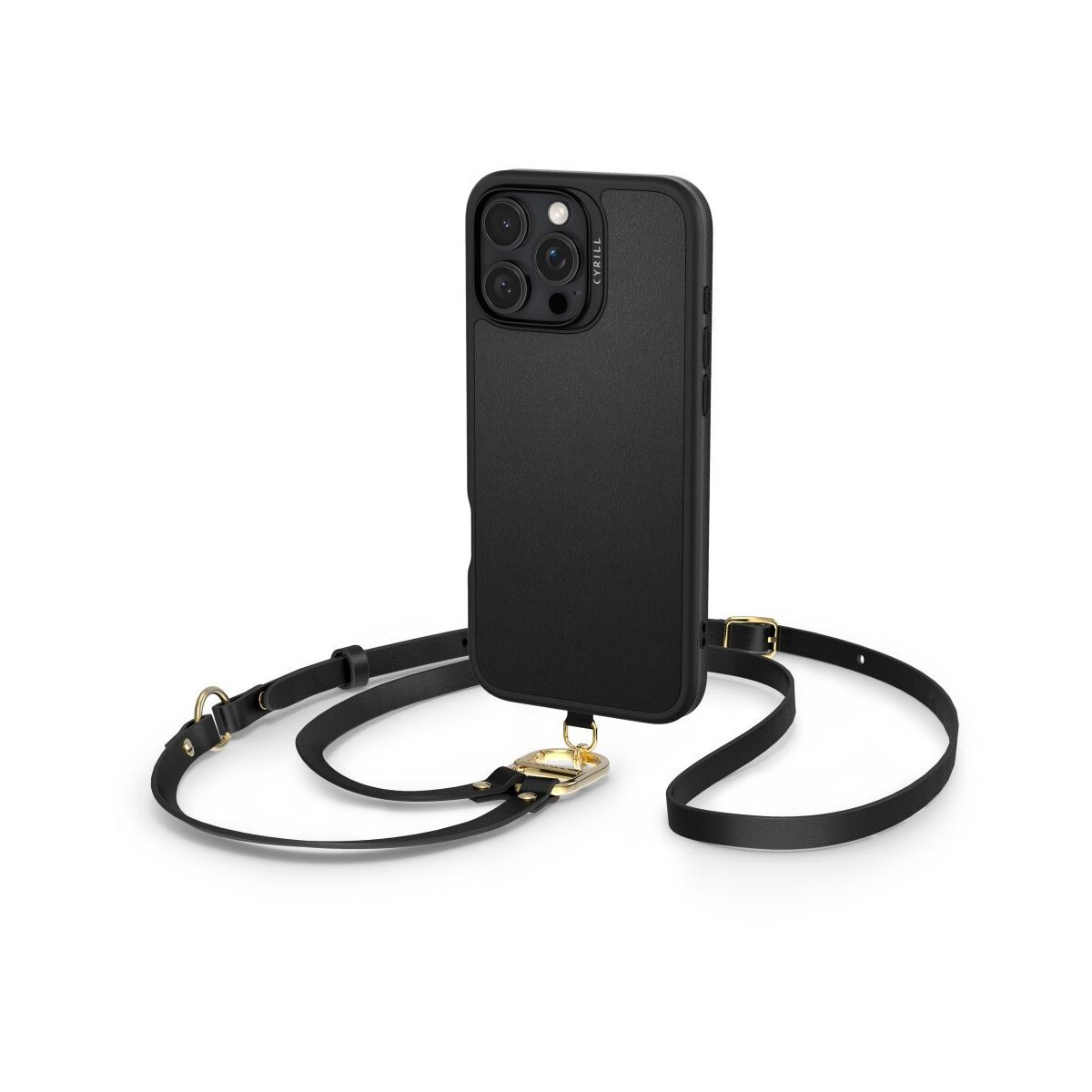 Schwarzes iPhone mit Hülle und Riemen. Die Hülle hat eine Kameraerhöhung. Der Riemen ist aus schwarzem Leder mit goldenen Akzenten.