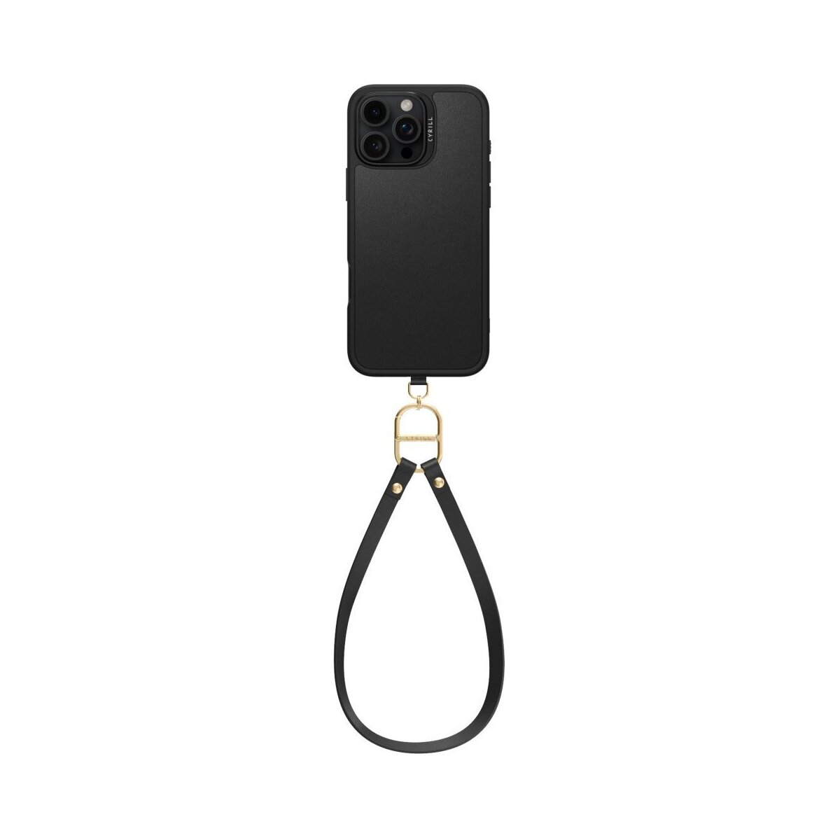 Ein schwarzes iPhone mit Hülle und Handschlaufe, die an einem goldfarbenen Verschluss hängt. Der Riemen ist aus schwarzem Leder, der Hintergrund ist weiß.