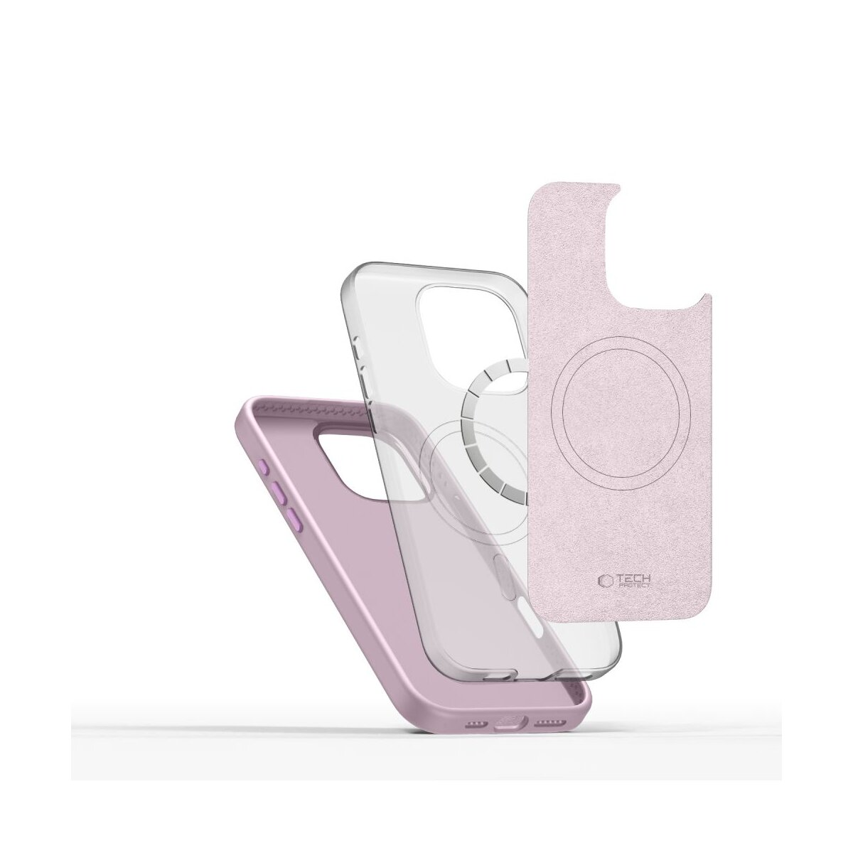 Drei Handyhüllen: rosa, klar und rosa Leder. Die transparente Hülle hat einen silbernen Kreis. Hüllen vor weißem Hintergrund.
