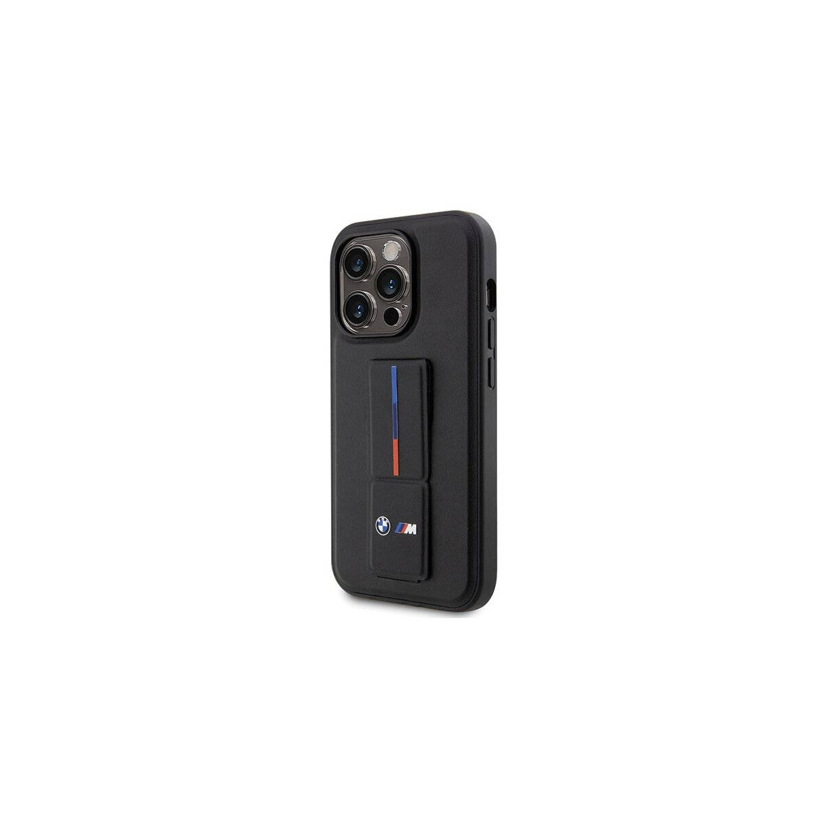 Eine schwarze iPhone-Hülle mit BMW M-Logo. Sie hat ein blaues, rotes und weißes Streifendesign. Der Hintergrund ist weiß.