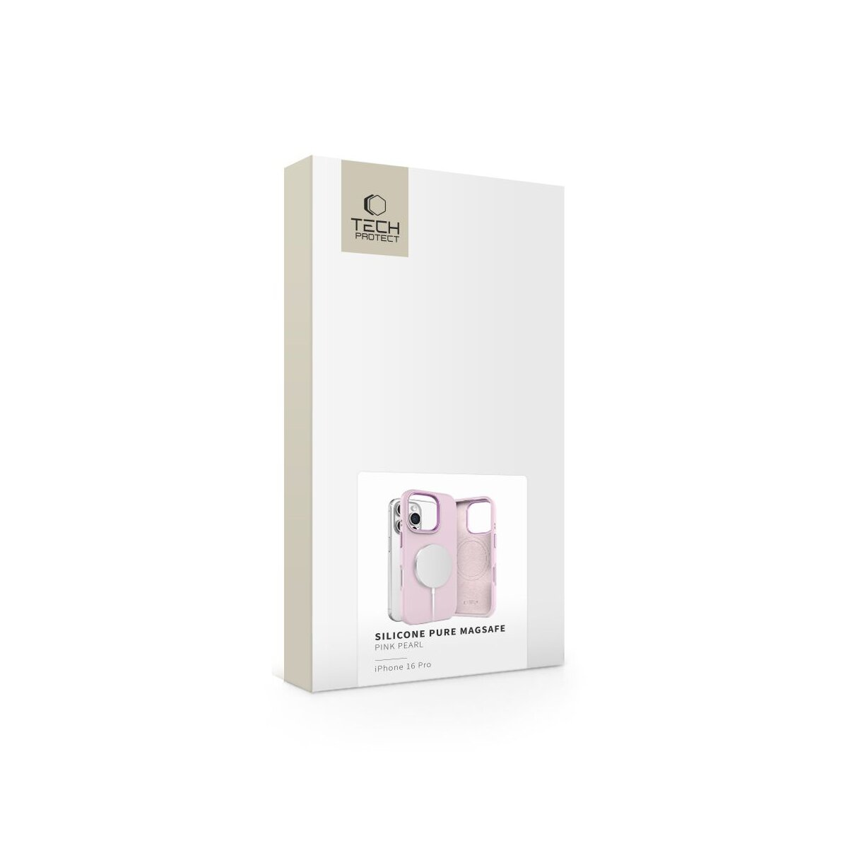 Eine weiße Schachtel mit einer pinkfarbenen iPhone-Hülle. Die Hülle hat ein MagSafe-Ladegerät. Auf der Schachtel steht 'TECH PROTECT'.
