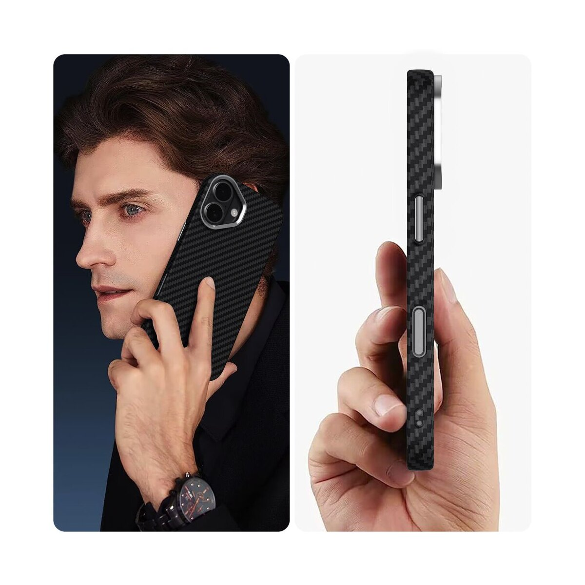 Mann hält ein schwarzes Telefon mit Carbonfaserhülle. Das Telefon ist in der Nähe seines Gesichts. Eine Uhr ist an seinem Handgelenk.