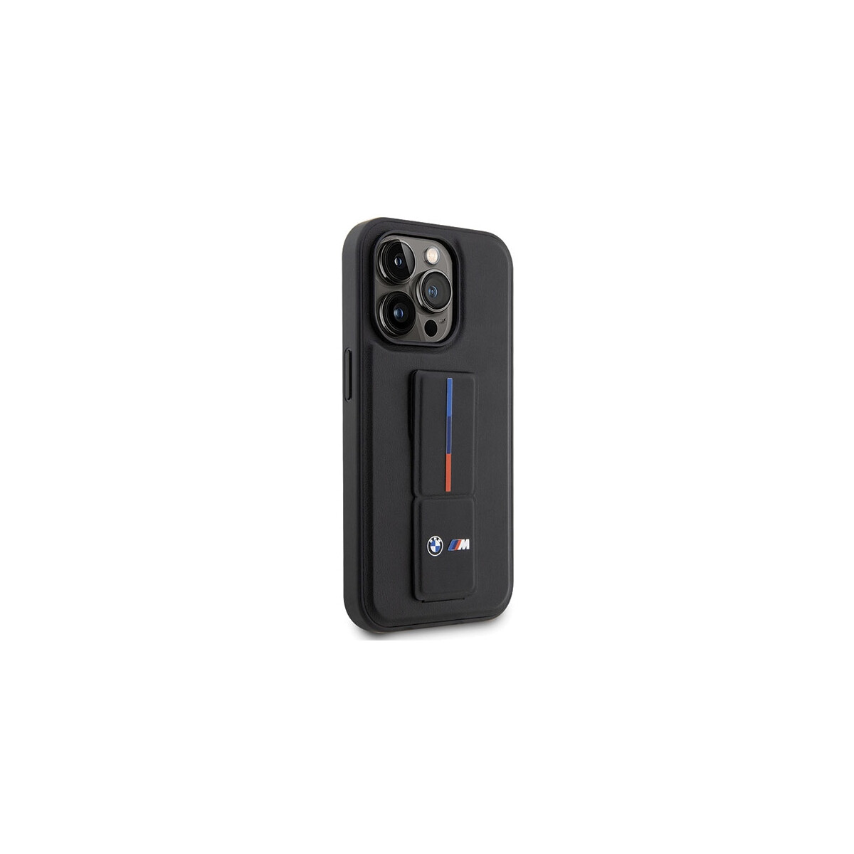 Eine schwarze iPhone-Hülle mit BMW-Logo und farbigen Streifen. Die Hülle hat einen Ständer. Der Hintergrund ist weiß.