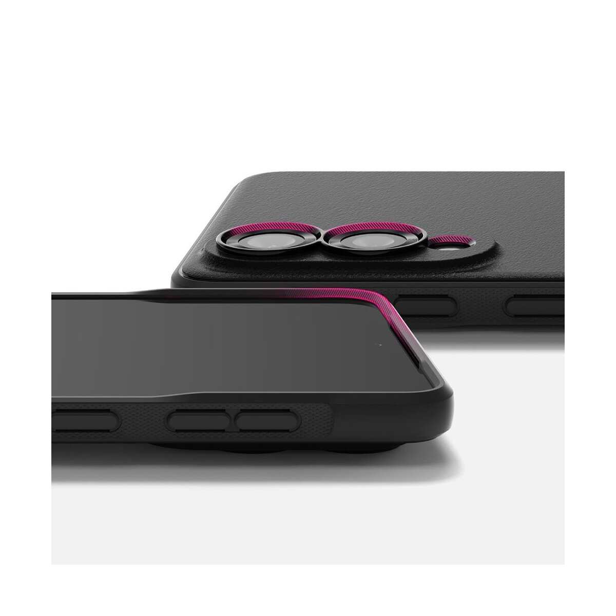 Zwei schwarze Smartphones. Eines vorne und eines dahinter. Pinke Akzente um die Linsen und Kanten. Weißer Hintergrund.